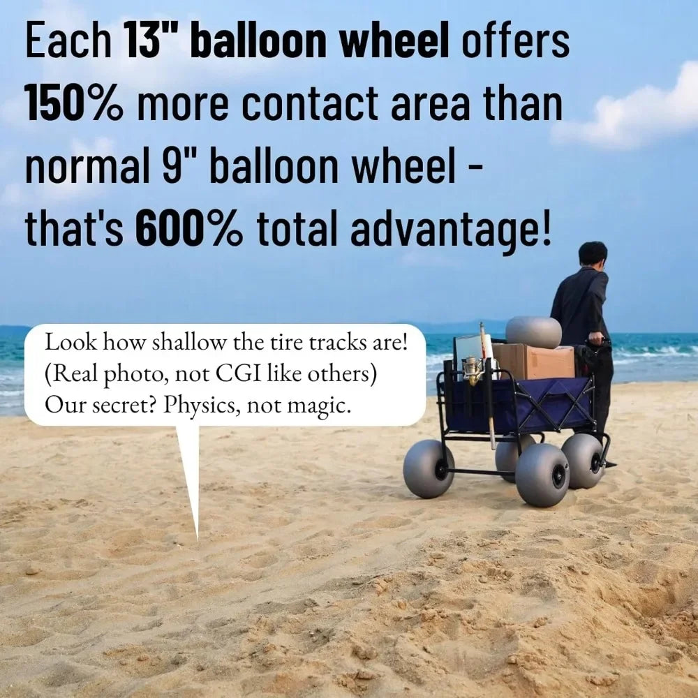 Beach Cart with 13" Balloon Wheels, Collapsible Beach Wagon with Big Wheels for Sand, Pump Included (Beach Wagon)