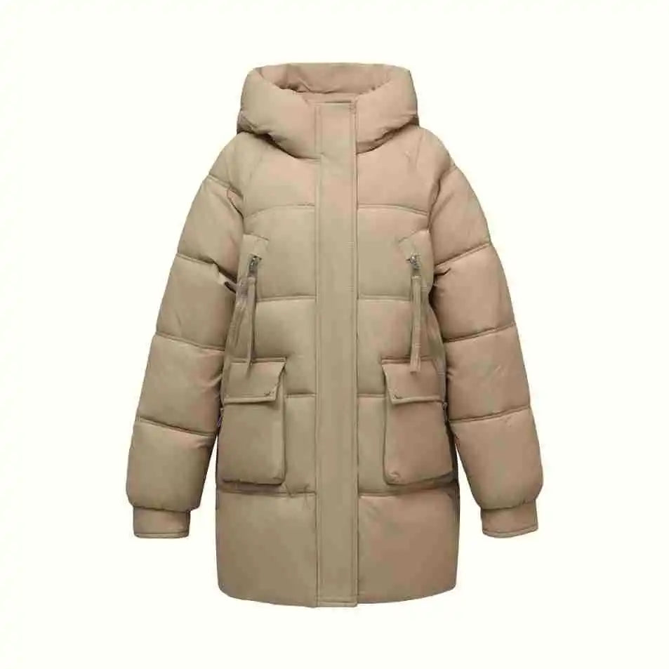Patchwork Female's Winter Parka Jacket Pure Color Multi Pockets Zipper Fly Padded Coat For Lady Versatile Hooded Women's Jacket