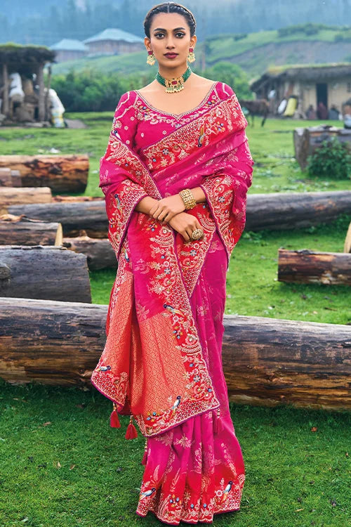 Embroidered Dola Silk With Khatli Work Saree With Banglori Silk Blouse