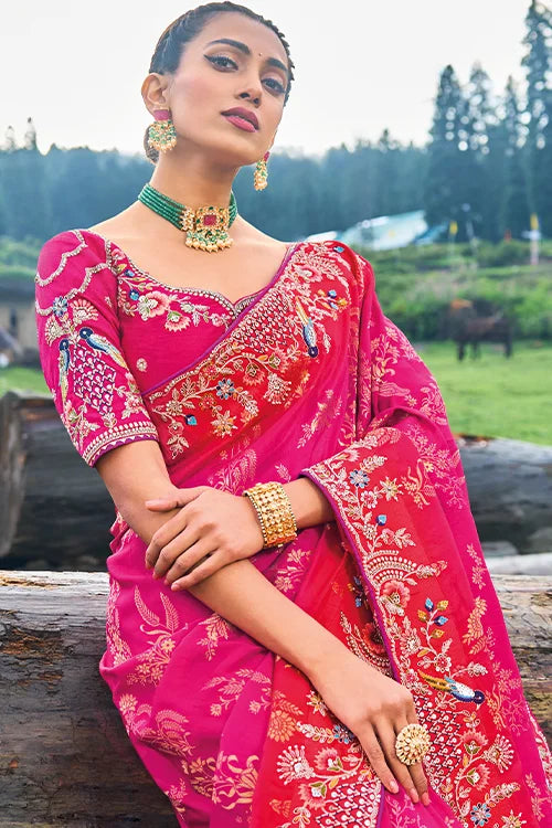 Embroidered Dola Silk With Khatli Work Saree With Banglori Silk Blouse
