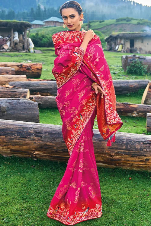 Embroidered Dola Silk With Khatli Work Saree With Banglori Silk Blouse