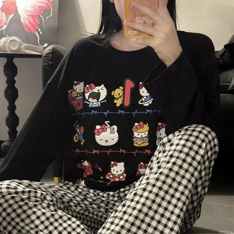 Hello Kitty Cartoon Girl Long Sleeved T Shirt Home Clothes Set Anime Sanrio Print Kawaii Spring Autumn New Trousers Pajama Sweet