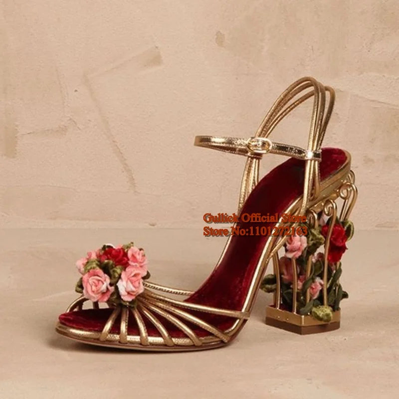 Luxury Bird Cage Women Sandals Gold Metallic Leather Strappy Sandals Floral Flower Ankle Strap Celebrate Bride Party Shoes 8.5cm