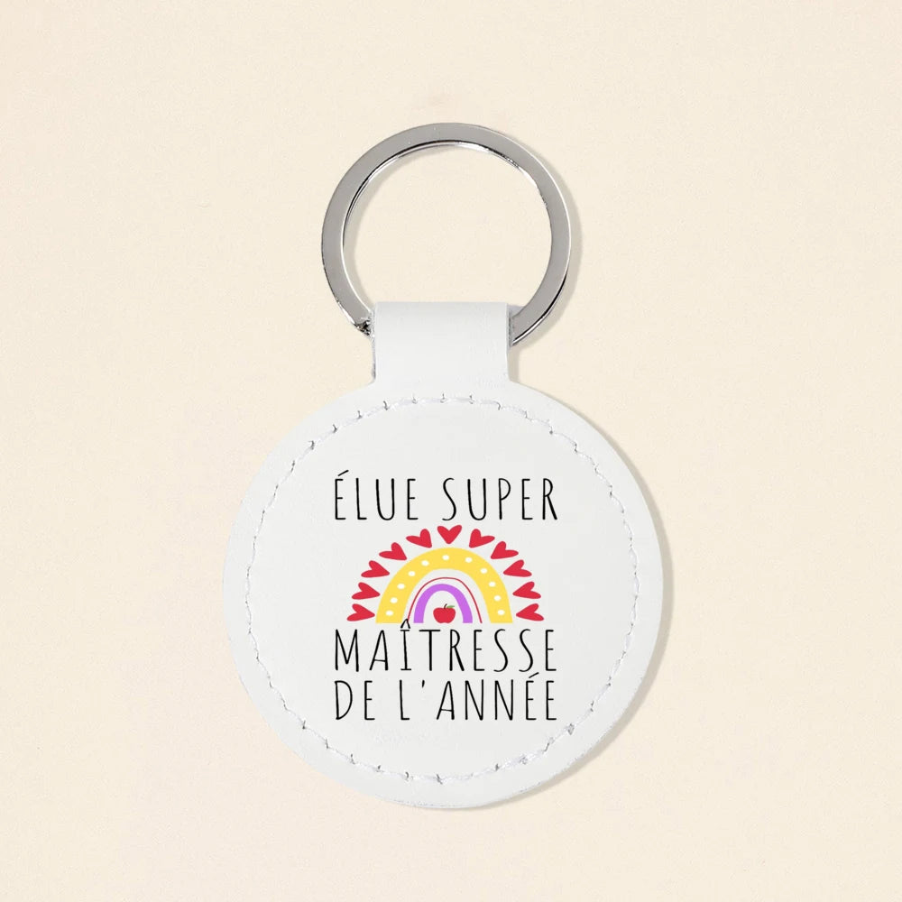 Super Atsem Maitre Maitresse Print Keychain Leather Circle Keyring Teacher Life Key Chain Teacher's Day Thanks Gift for Teacher