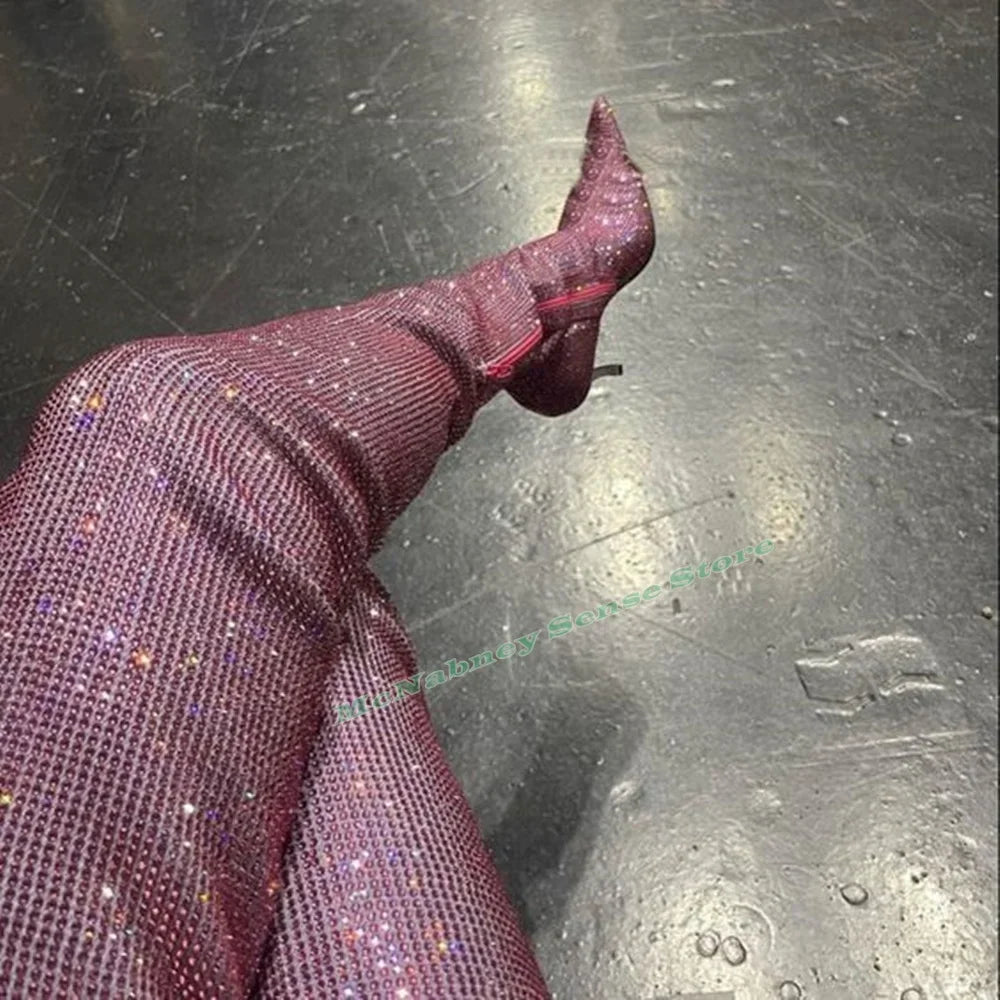 Studded Bling Thigh High Boots Pointed Toe Solid Crystal Stiletto Heels Long Boots Side Zipper New Style Women Shoes Fashion