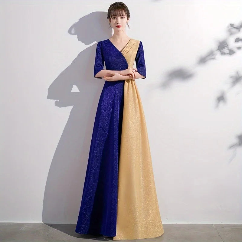 Cantata Evening Dress V-neck Folded A-line Half Sleeve Zipper Rear Bottom Long Women's Formal Party Dress