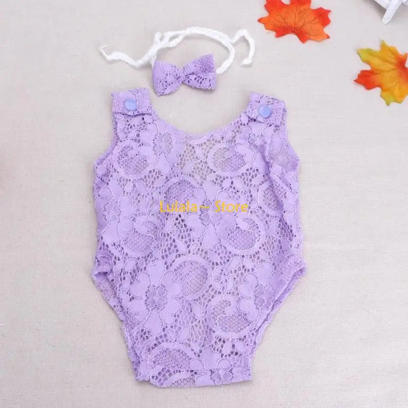 Y4QA Infant Clothes Newborn Photography Props Baby Romper Jumpsuit Headband Set with Lace Floral Photo Outfits