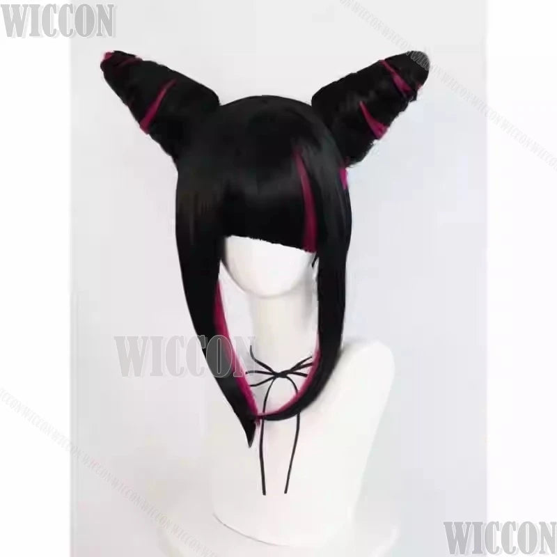 Kiriko Juri Game Han Over Cosplay Game Woman Double Bun Wig Black Purple Hair Cos Prop Choker Bolt Bracelet Halloween Party Cos