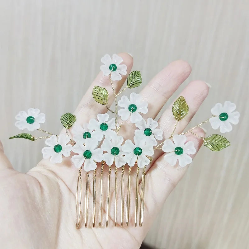 Green Color Rhinestone Hair Combs Bridal Hair Jewelry Leaf Hairpins Pearls Hairpins Bride Wedding Headdress Headband