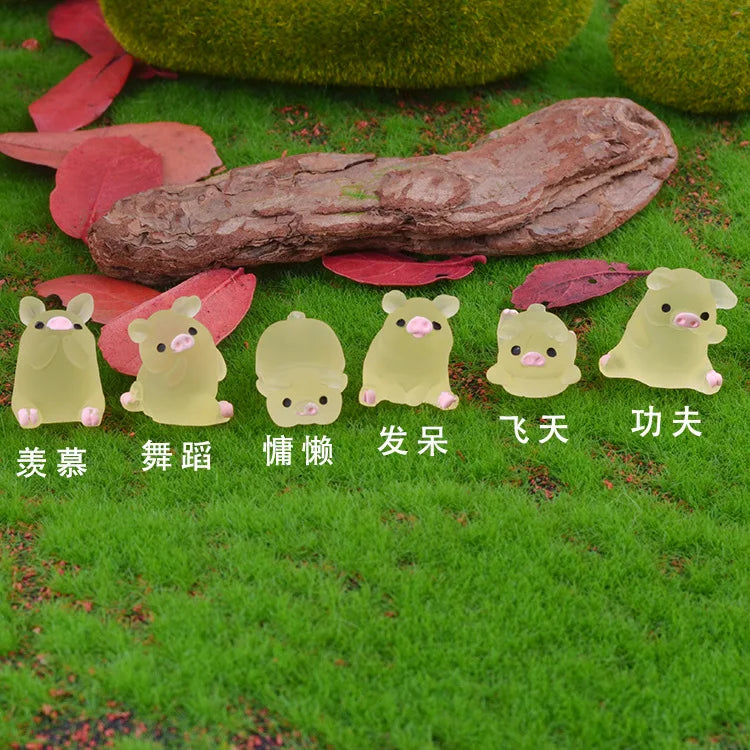 6Pc/set Mini Resin Glow Pig Mini Portrait Mini Fairy Garden Landscape Aquarium Decorative Pot DIY Christma Birthday Party Decor