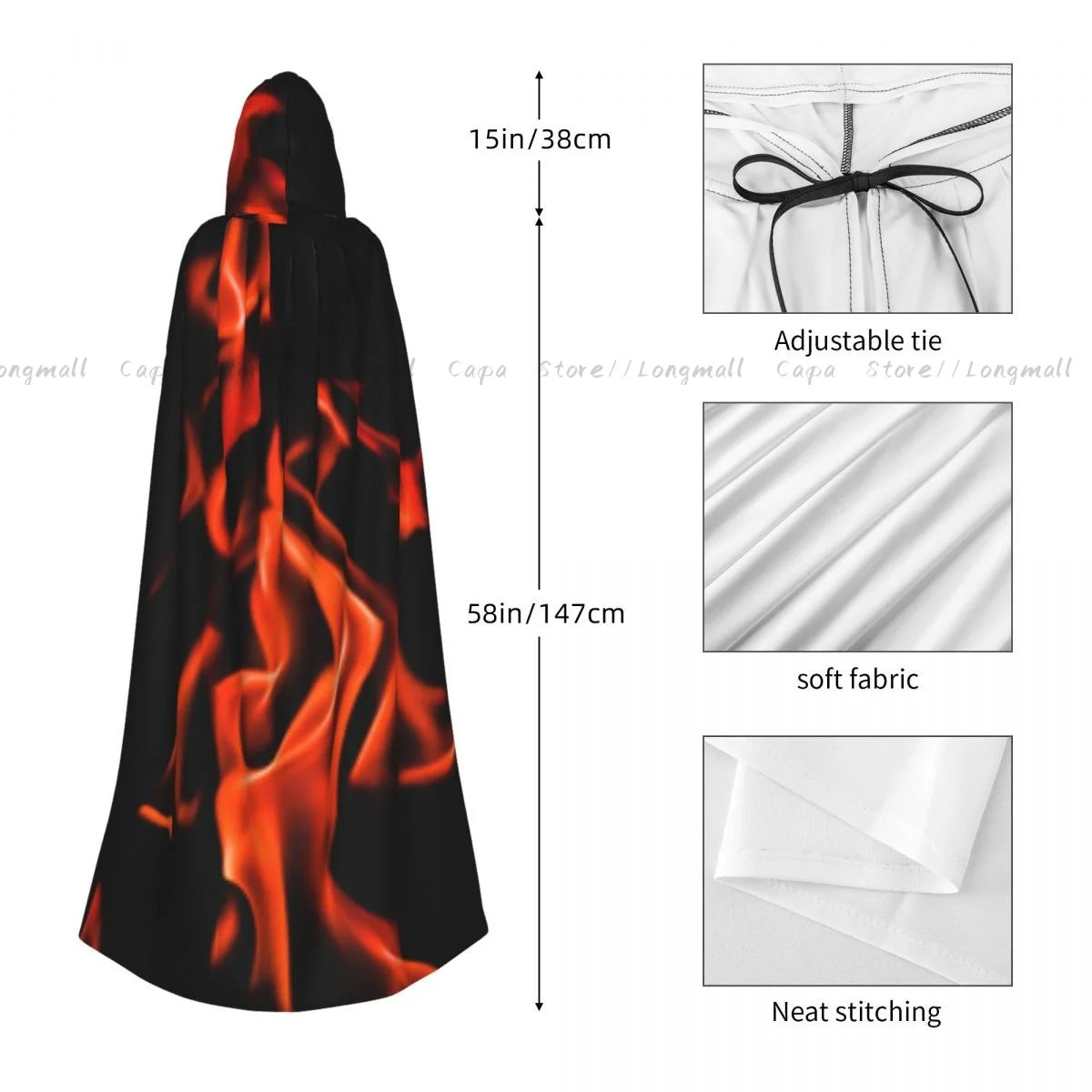 Adult Vampire Cape Hooded Robe Flames Of Fire Background Halloween Cloak Full Length Cosplay