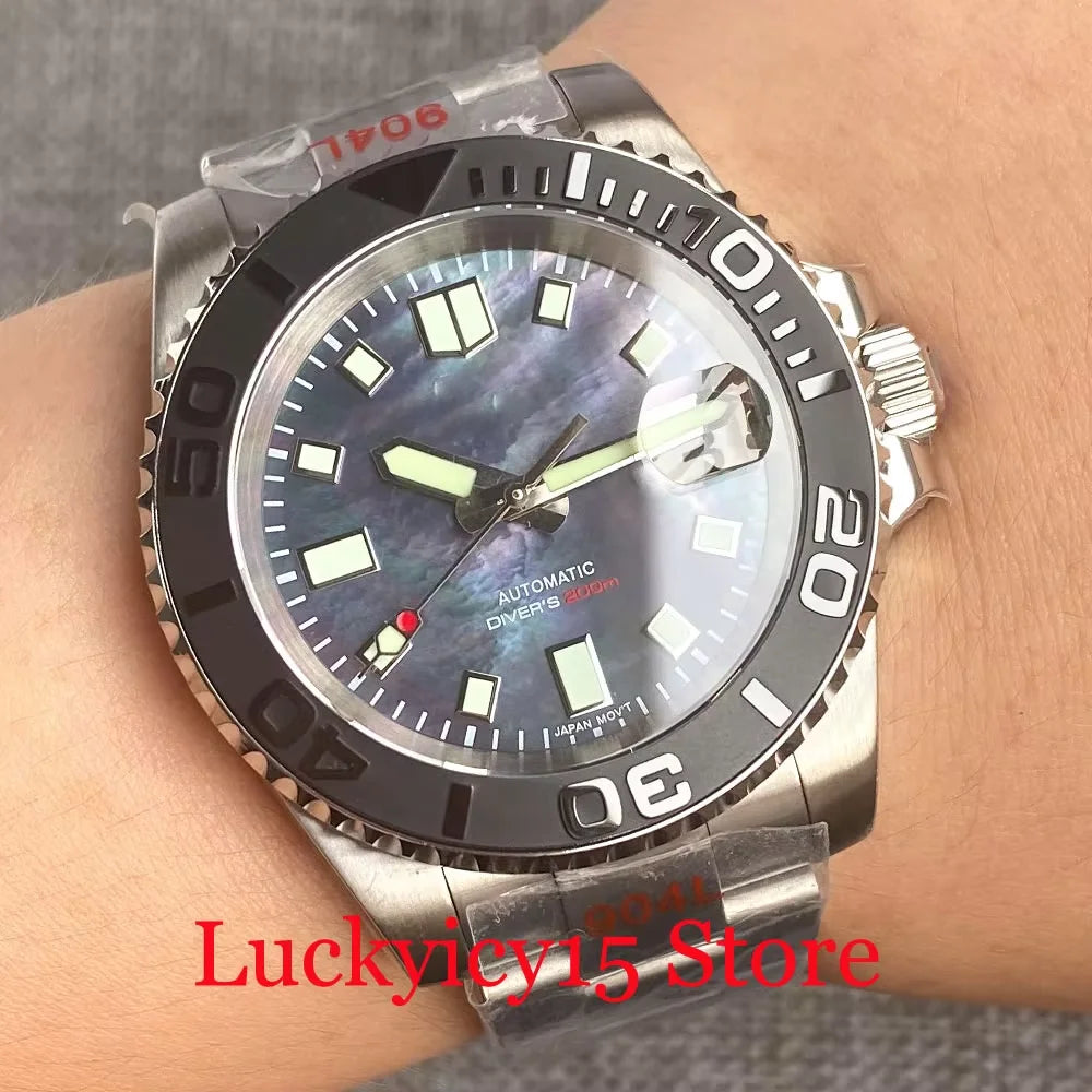 Customized NH35A Automatic Mechanical Watch Men Black Mother of Pearl Dial Luminous 200mWaterproof 40MM Brushed Case Date Cyclop