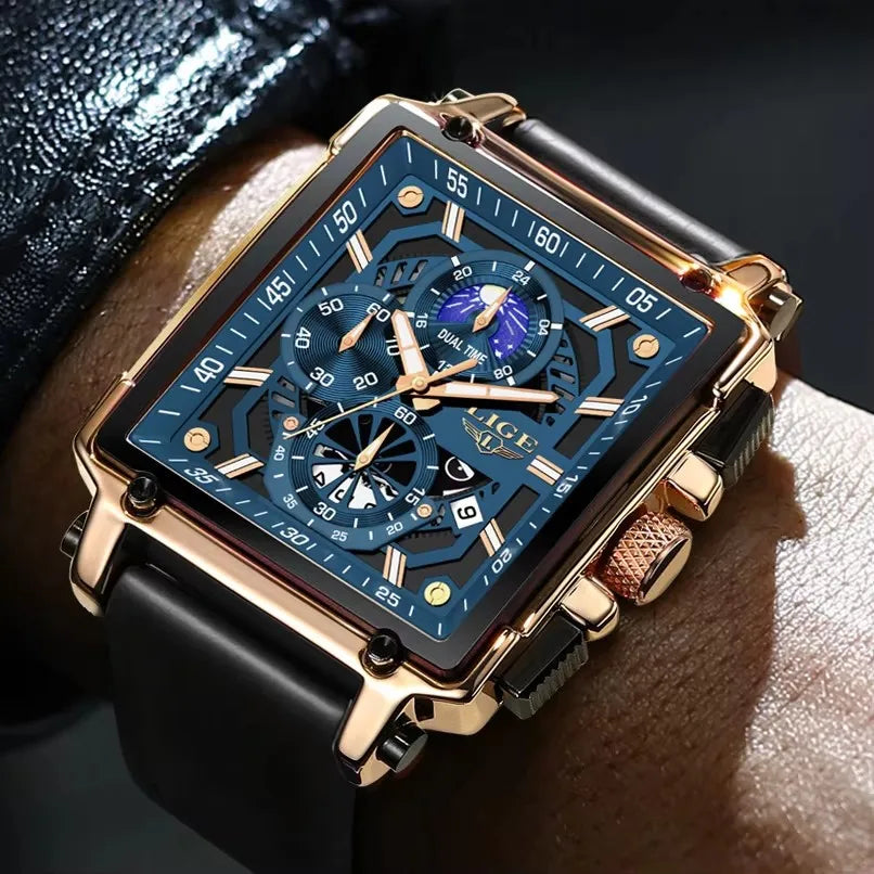 LIGE Mens Watches Brand Luxury Hollow Square Sport Watch For Men Fashion Silicone Strap Waterproof Quartz WristWatch+ Gift Box