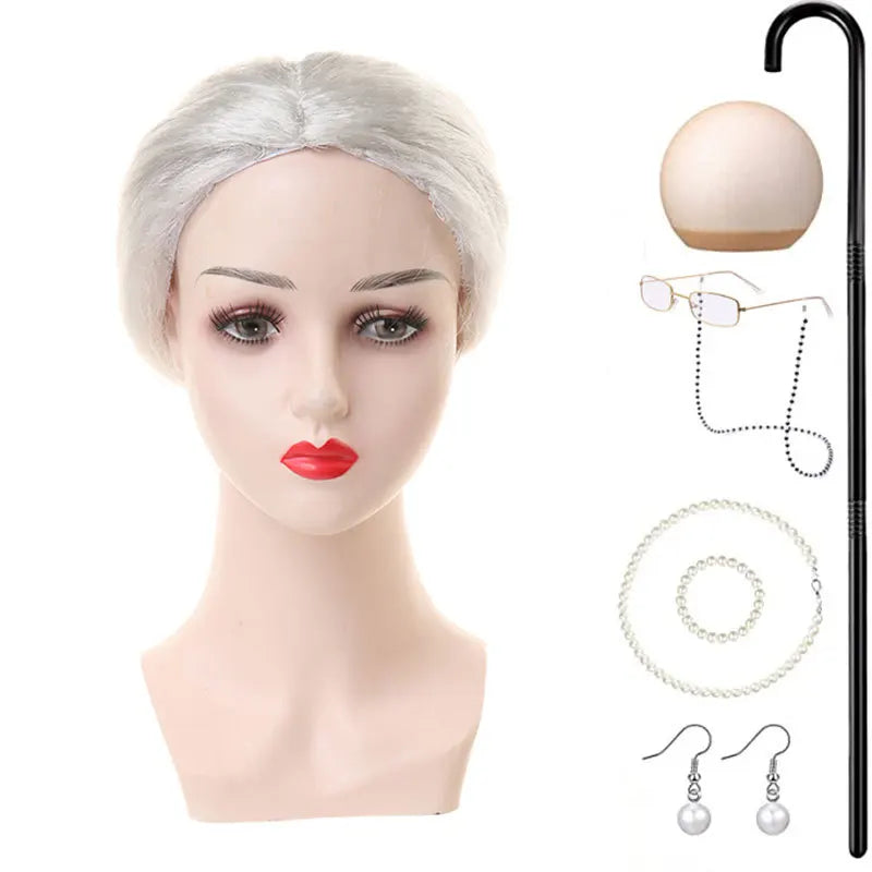 Halloween Granny Granny Grey Wig Grandpa Hair Granny Chartered Woman Curling Iron Wig Set