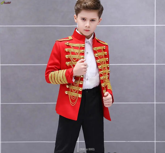 Medieval Steampunk Prince Blazer Costume Military Tassel Chains Cosplay Jacket Shoulder Pad Coat Pop Stage Dacing Tops for Kids