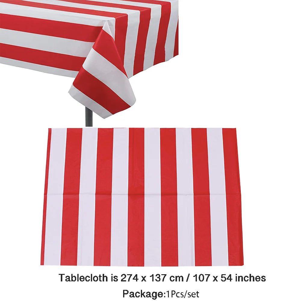 Red White Silver Striped Disposable Tableware Set Circus Birthday Party Decor Plates Cup Tablecloth Napkin Knives Forks Supplies