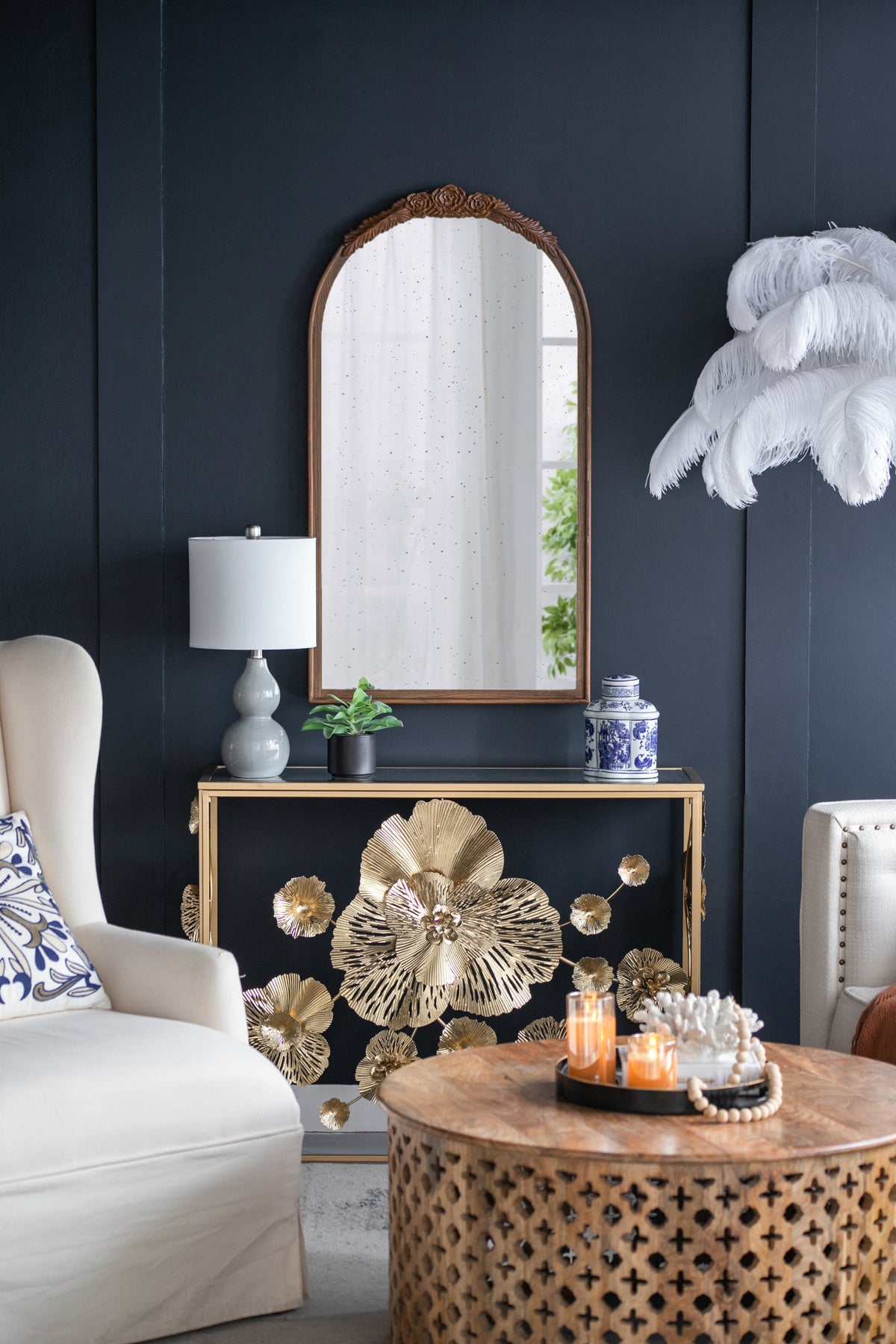 Hand-Carved Rose Arched Wall Mirror, Available in 2 Colors