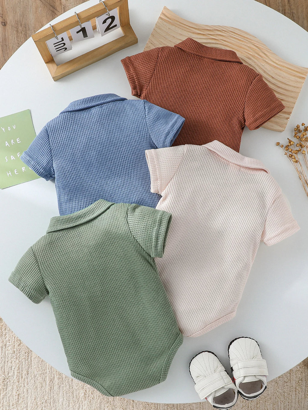4Pcs/ Baby Boys Four Seasons Fashion  Waffle pattern Short Sleeve Bodysuits For 0-1Y Casual Daily Wear Romper Clothes Jumpsuit