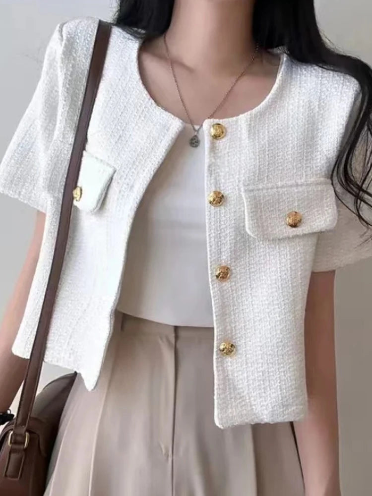 Chic ort Coat Jaet Women's Thin Design Woolen round Ne Quali Lady Open Cardigan Top Commute Sle Loose Fit Bubble Sl...