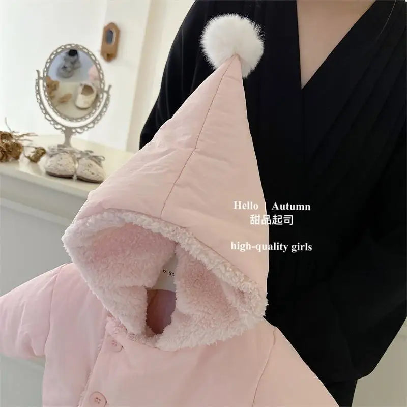 Girls Coat 2025 Autumn and Winter New Childrens Clothing Korean Girl Baby Plus Velvet and Thick Warm Pure Color Cotton Clothes