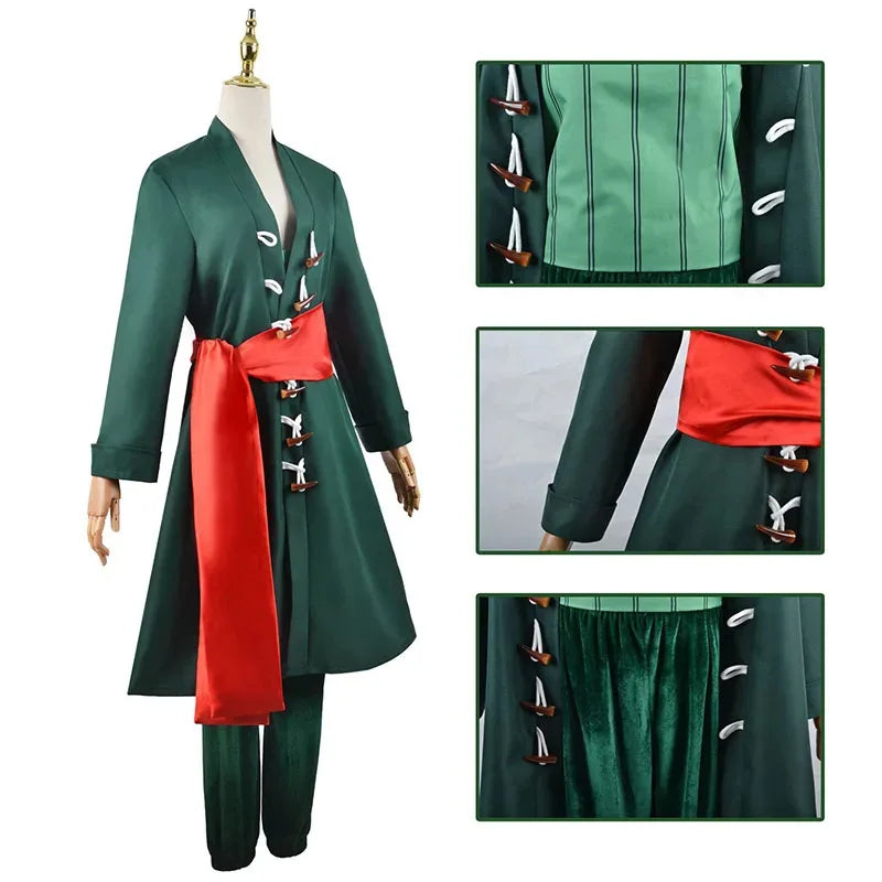 2025 ❤ New Anime Piece Pirate Cosplay Costume Roronoa Zoro Kostum Two Year Later Wig Earrings Black Green Coat Belt Pants ★★