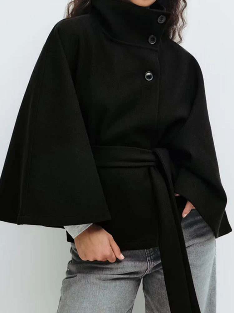 Stand Collar Sashes Patchwork Jackets, Women Autumn Winter Batwing Sleeve Chic Coats, 2025 Loose Holiday Solid Cloak Streetwear
