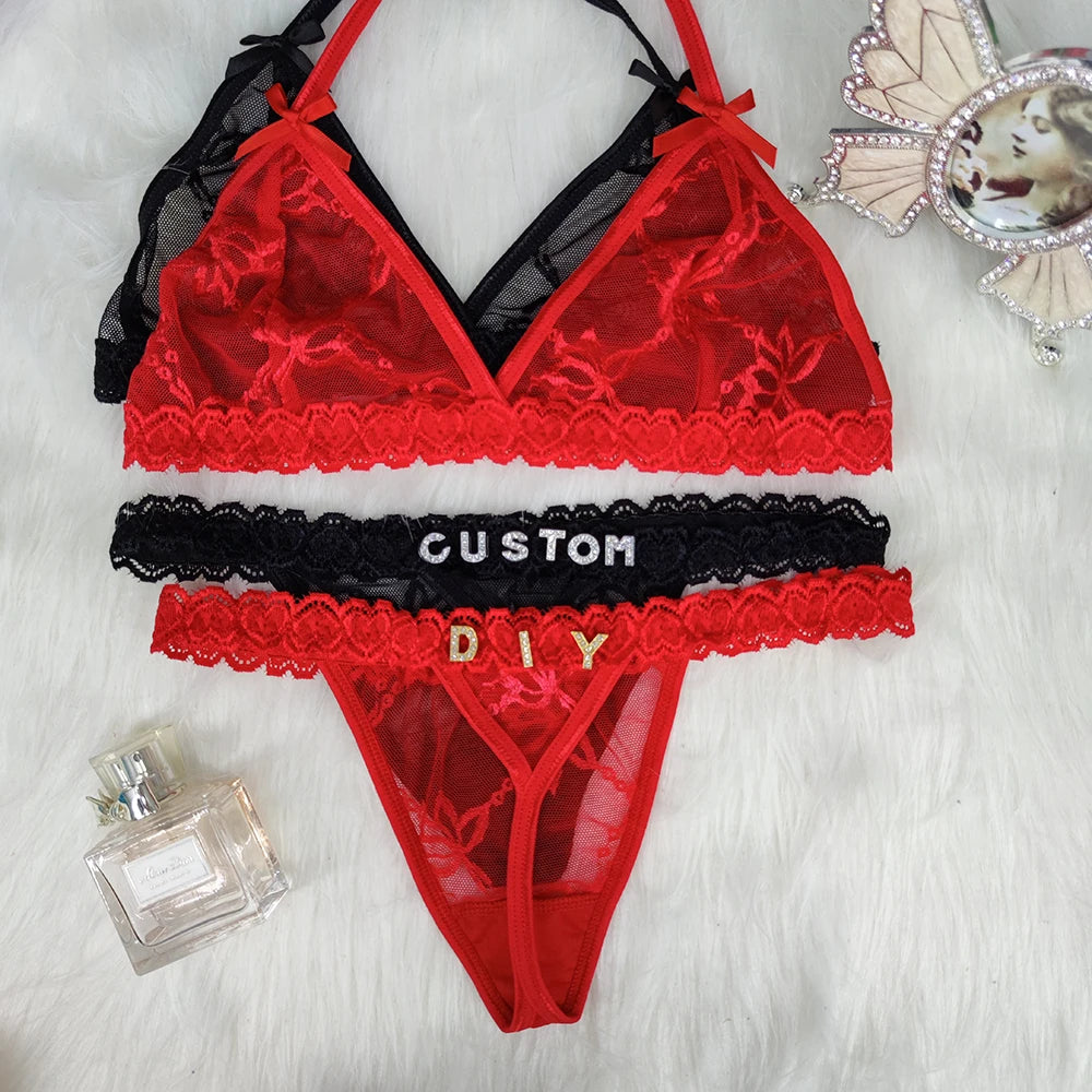 Custom Lingerie Set Name Thongs Bra Personalized Panties Bra Set With Name DIY Letter Charm Bikini Set Lace For Women Sexy Gift
