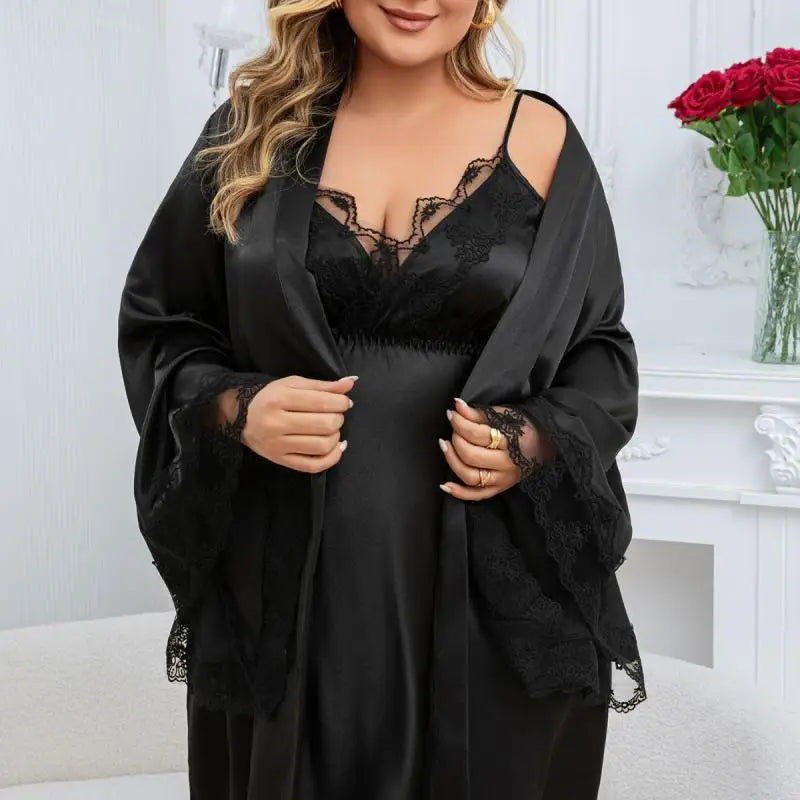 Big Size 3Xl 4Xl 5Xl Robe Set Women Black Lace Trim Sleepwear Satin Lingerie Big Sleeve Kimono Gown Loungewear Nightwear 2Pcs
