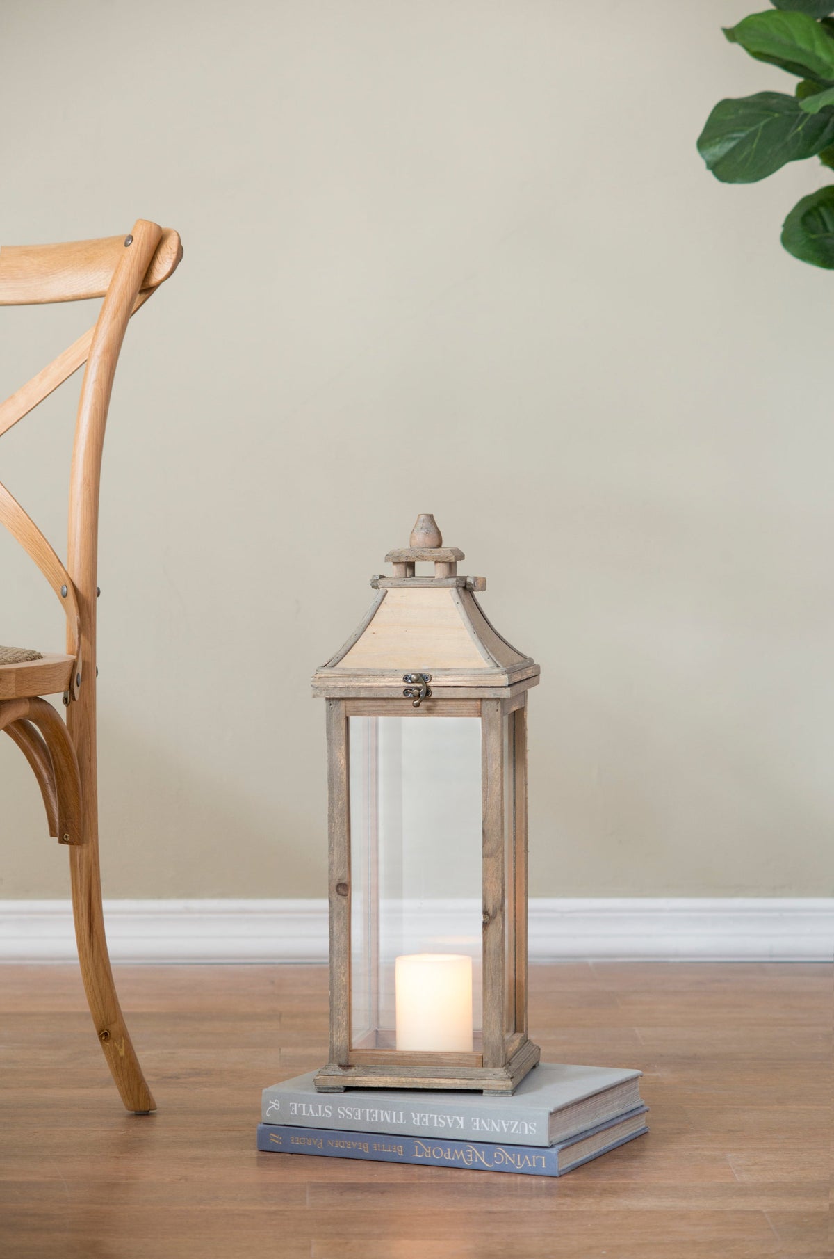 Set of 2 Ivory Wood & Glass Candle Lanterns