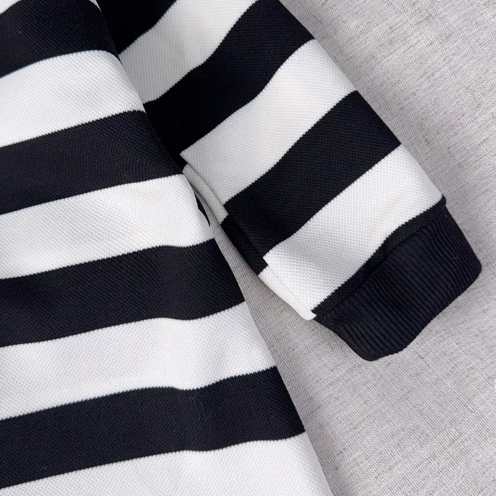 Black and White Fashion Korean Version Autumn New Girls' Casual Clothes Lapel Striped Long Sleeved Dress for Children Aged 3-7