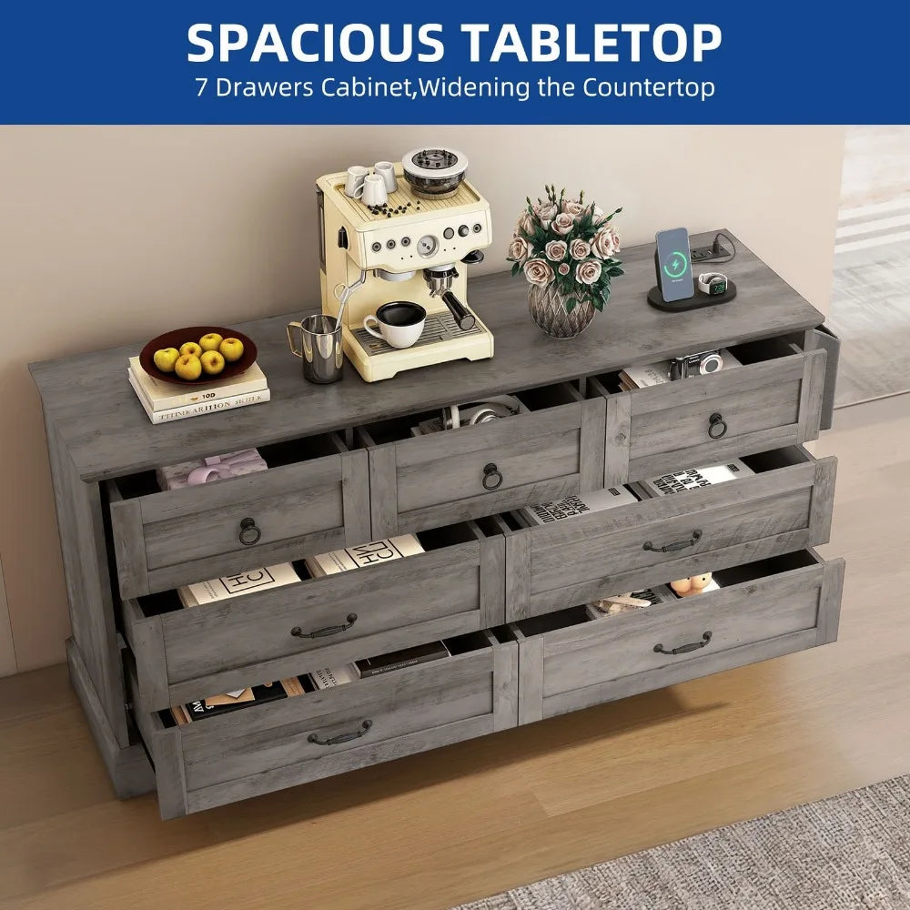 59 Inch Grey Wide Wood 7 Drawers Dresser Storage Dressers Organizer for Living