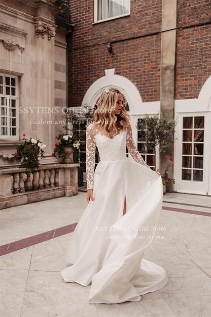 SSYTENS Elegant A Line Wedding Dresses White Appliques Bridal Gowns Illusion Long Sleeve Customized Corset Bride Dresses 2026