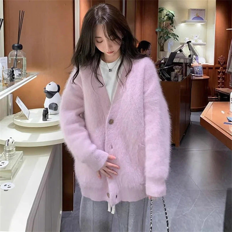 Cardigan Knit Sweater Women Single Breseted V Neck Coat Solid Long Sleeve Splice Jumpers Elegant Coat Loose Autumn Winter