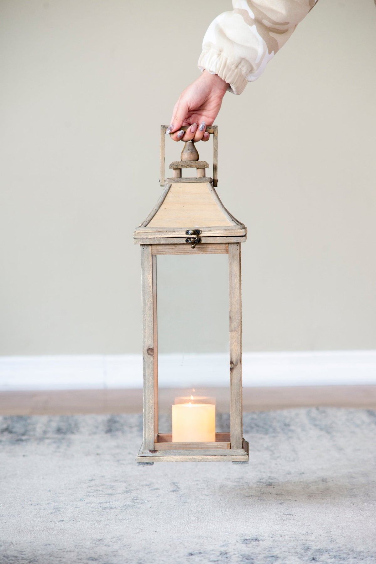 Set of 2 Ivory Wood & Glass Candle Lanterns