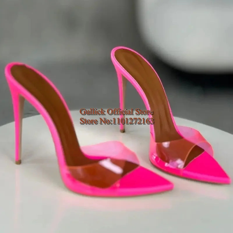 Stylish Pointed Toe Thin Heel Sandals Transparent PVC Slip On Candy Colors Female Summer Mules Shoes Pink Yellow Size 47