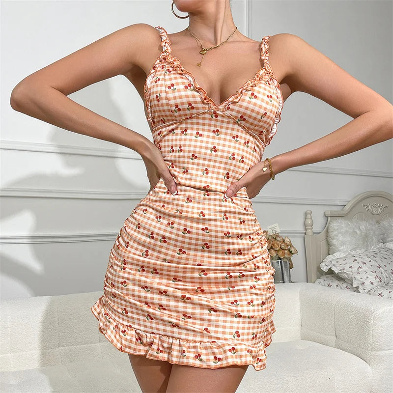 Women Home Wear Cherry Print Slip Pajamas Sweety Ruffle Nightgowns Babydols Lingerie 2pcs Pajamas Set Elegent V-Neck Night Dress