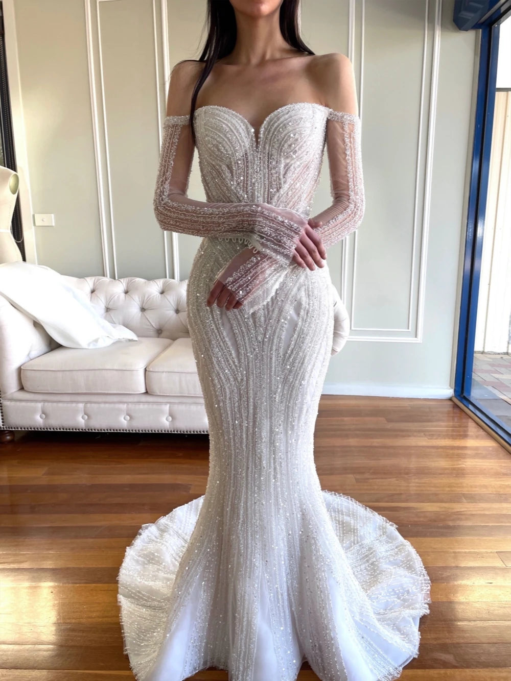 Luxury Mermaid Wedding Dress Customized Bride Robe Shiny Off the Shoulder Floor-length Bridal Dresses Vestidos De Novia