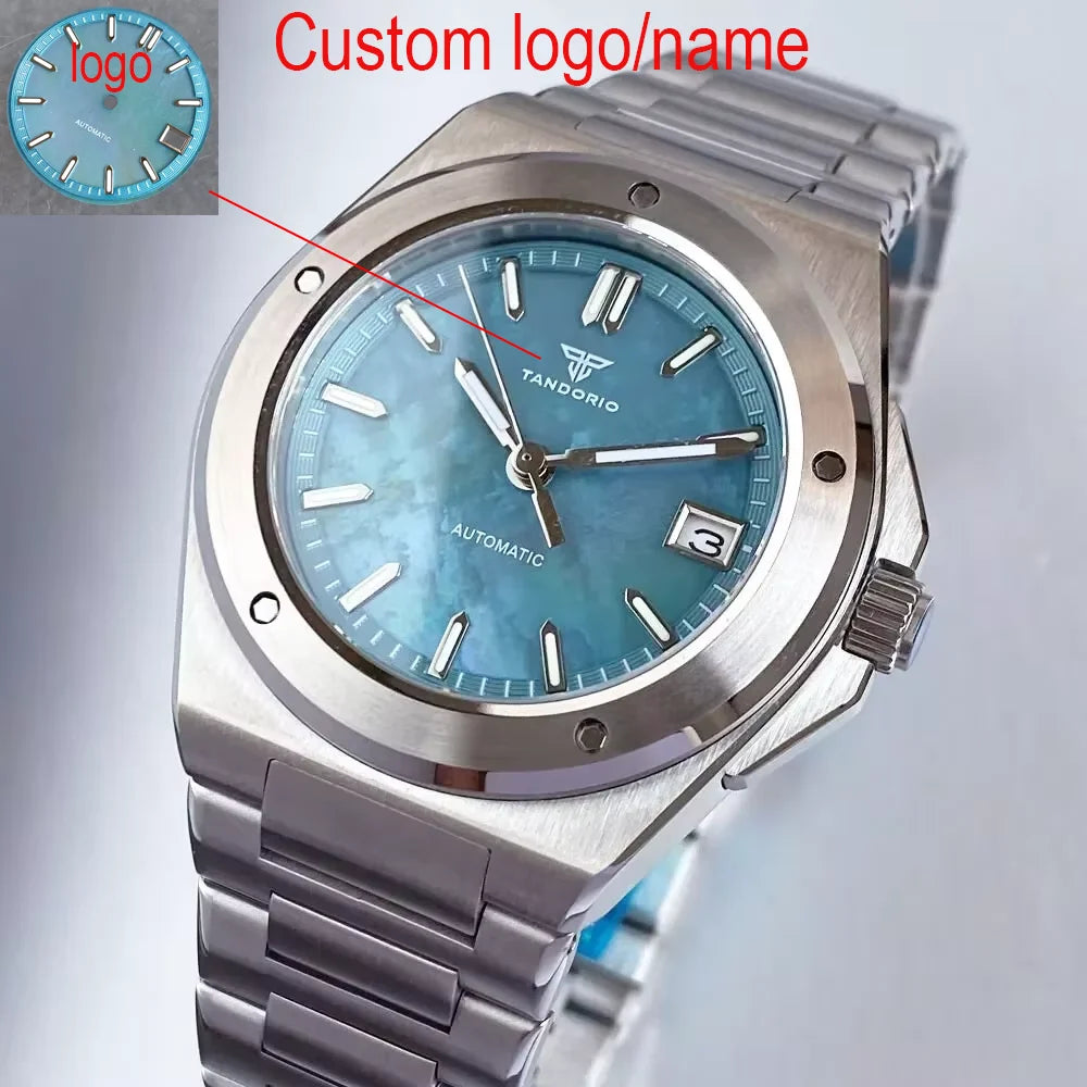 Custom Light Blue Mother of Pearl 40mm Sapphire Crystal Glass 100m Waterproof Japan NH35A Automatic Men Mechanical watch