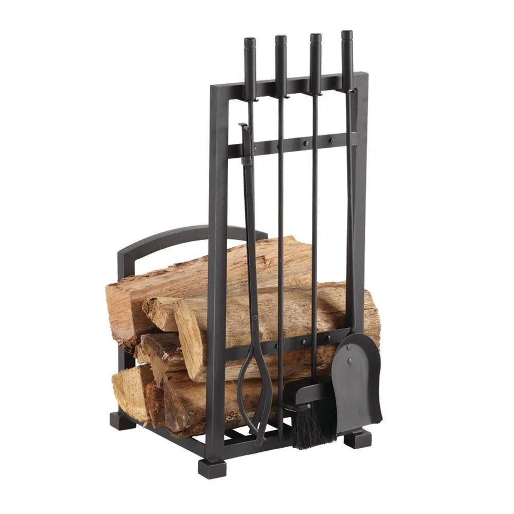 Steel Log Rack with 4 Piece Toolset Fireplace Accessories Black Powder Coat Finish Includes Poker Shovel Brush Tongs Heavy Duty