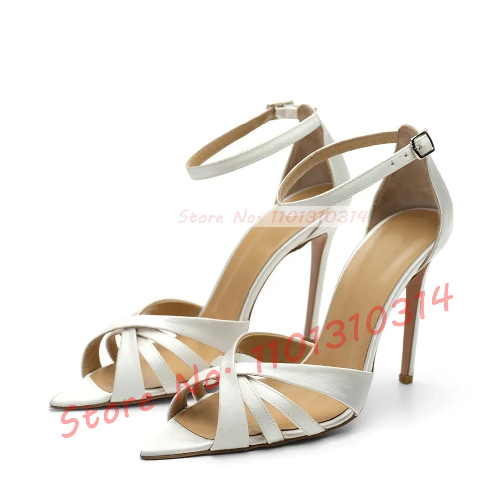 Nude Cross Strap High Heels Sandals Ladies Trendy Open Pointy Toe Classy White Satin Sandal Women Dress Ankle Strap Casual Shoes