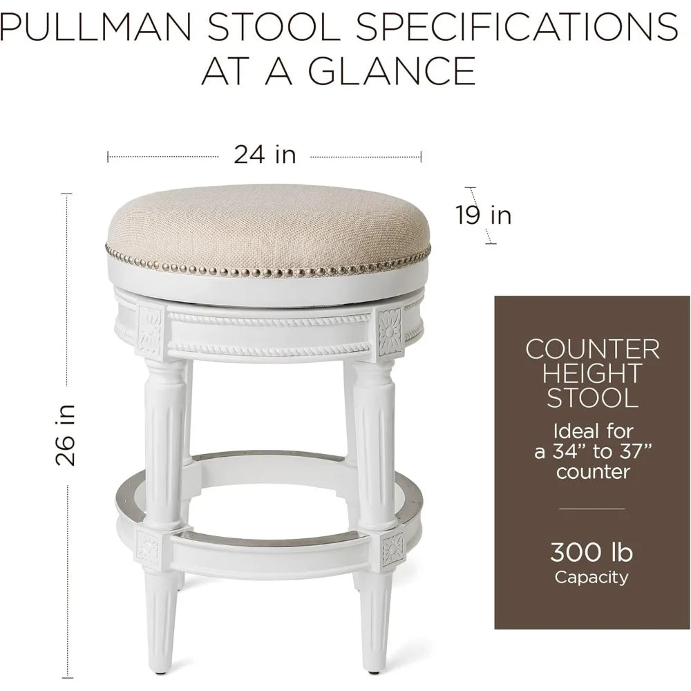 Pullman 26 Inch Tall Backless Alabaster White Finish Counter Height Upholstered Barstool with Cream Fabric Cushion Seat