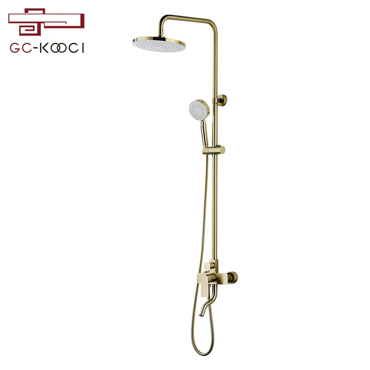 European Style Contemporary Brass Wall Mounted Rain Shower Head Set Single Handle with Brushed Gold Finish Made from Copper