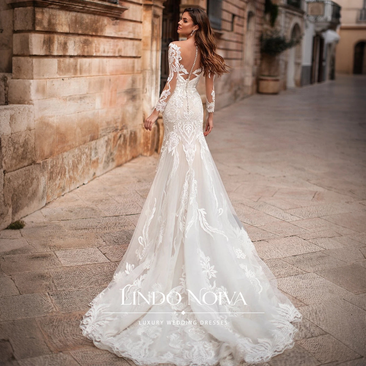 LINDO NOIVA Customized Mermaid V Neck Wedding Dress Illusion Bridal Gowns Vintage Lace Appliques Vestido De Novia