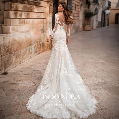 LINDO NOIVA Customized Mermaid V Neck Wedding Dress Illusion Bridal Gowns Vintage Lace Appliques Vestido De Novia