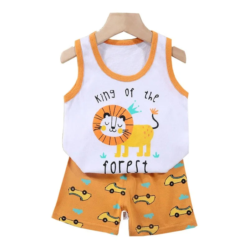 Kids Baby Boys Girls Cotton Breathable Vest+Shorts 2-Piece Set Cartoon Printing Summer Tracksuit Casual Clothes Suit 1-6 Years