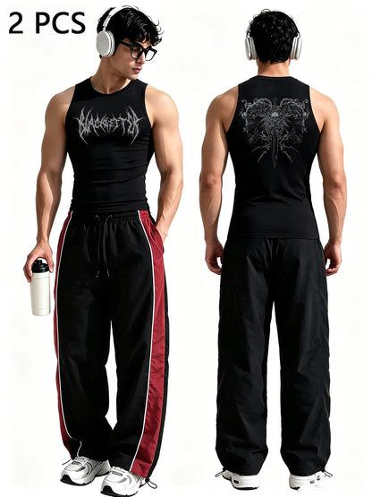 Men Gothic Style 2Pcs Outfit Graphic Sleeveless Tank Top Side Striped Loose Trousers Gym Street Casual Tracksuit