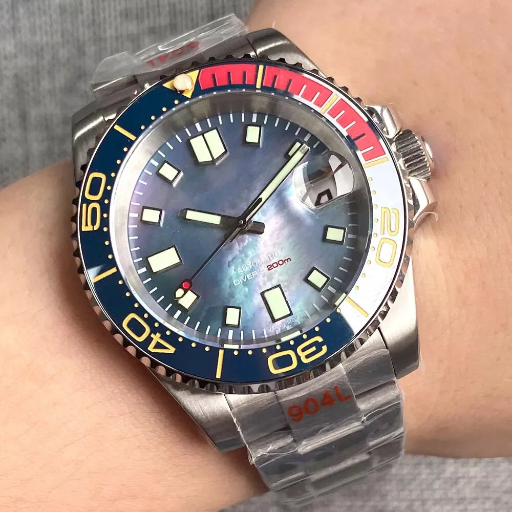 Customized NH35A Automatic Mechanical Watch Men Black Mother of Pearl Dial Luminous 200mWaterproof 40MM Brushed Case Date Cyclop