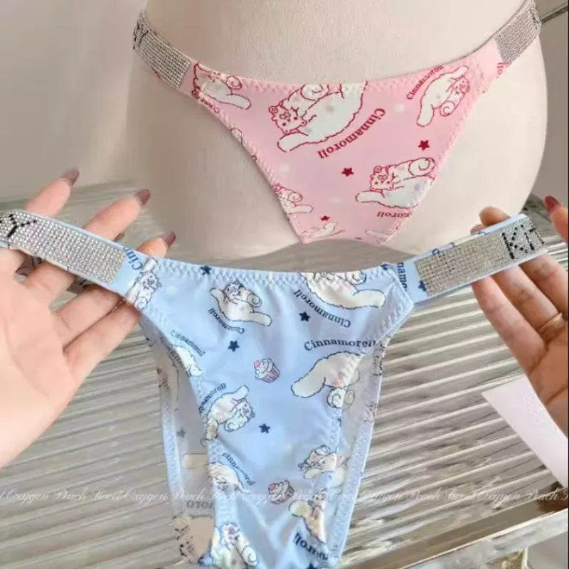 Sexy Cinnamoroll Flash Rhinestone Kawaii Thong Underpants Women Fashion Soft Breathable Strap T-back Lingerie Underwear Female