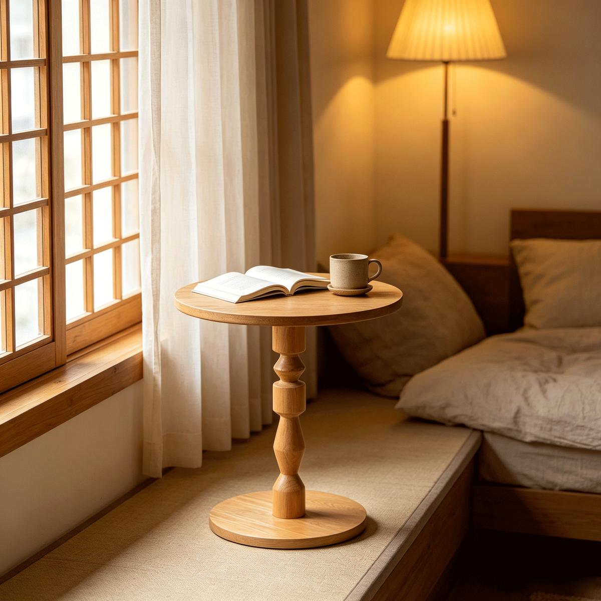 Round Side Table with a Solid Wood Spindle Pedestal and Light Oak