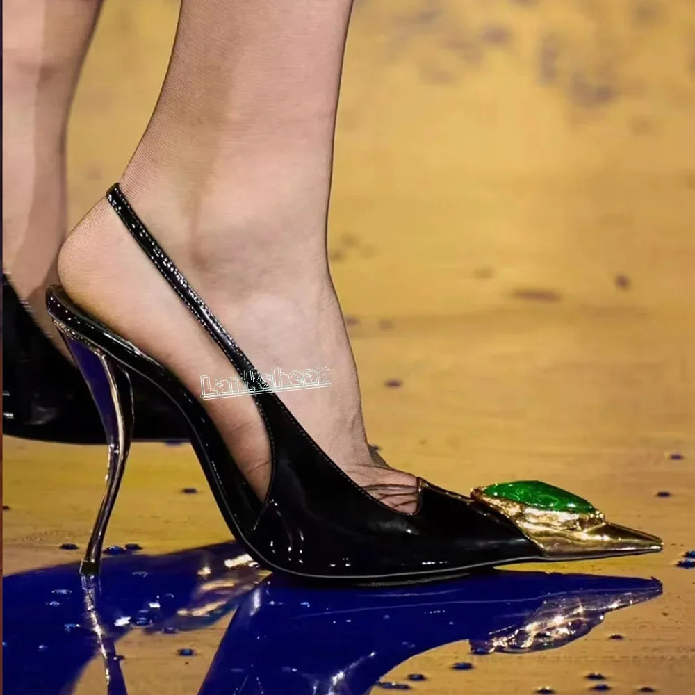 Metal Rhinestone Pointed Toe Women Sandals Gold Strange Heels Stilettos Slingback Sexy Summer Women Shoes Sexy Catwalk Dress
